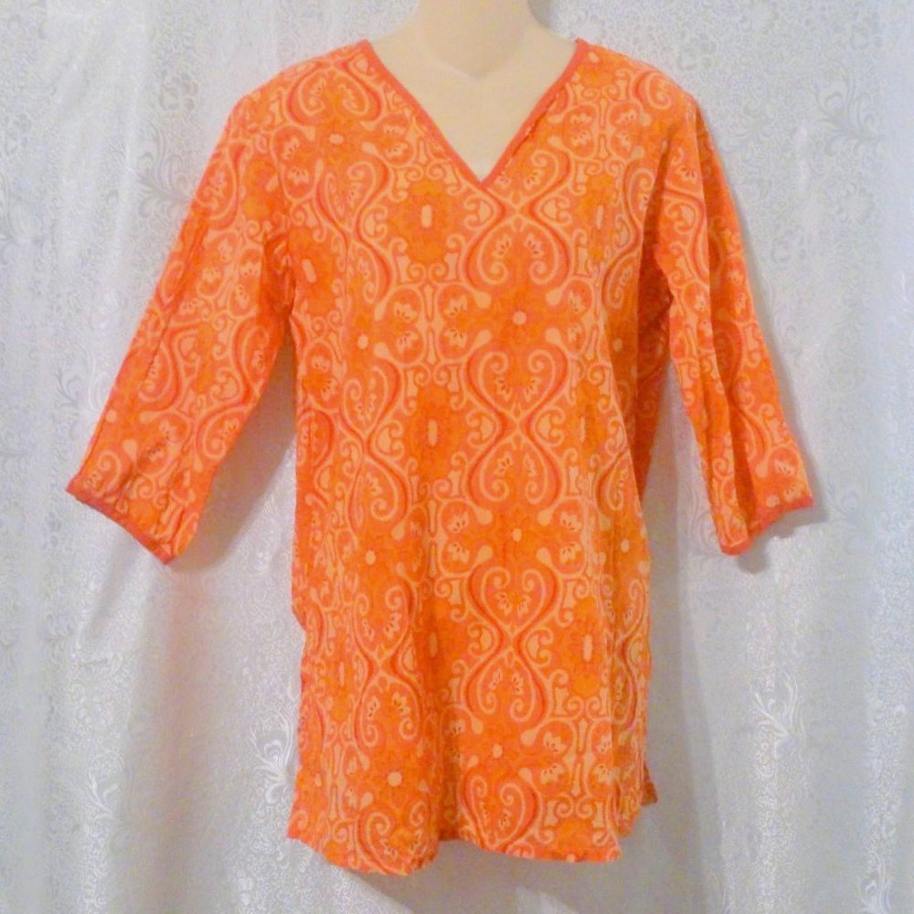 World Market Sheer Boho Orange Print Tunic Top *